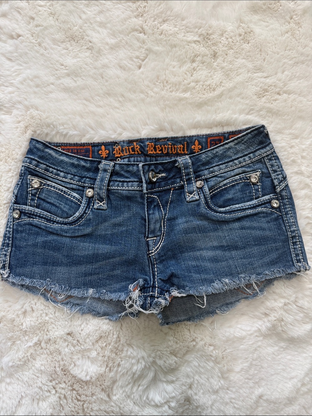 Y2K Rock Revival Rhinestone Embellished Cutoff Blue Jean Denim Booty Shorts